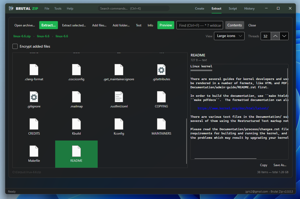 Brutal Zip archive viewer showing entries with preview pane